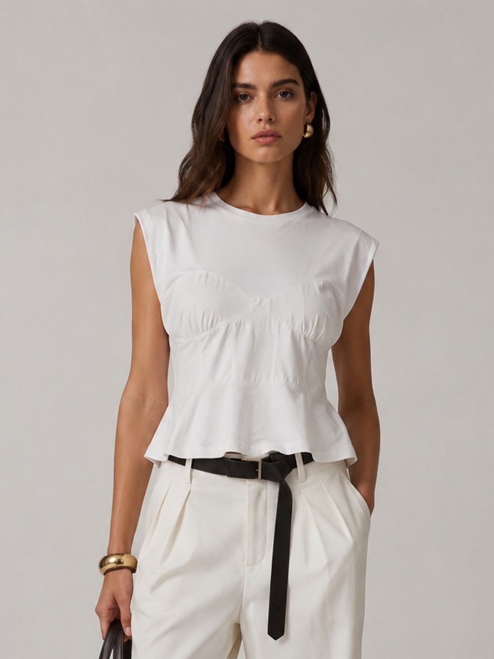 River Island white corset peplum mixed fabric top in white with tie back. L
